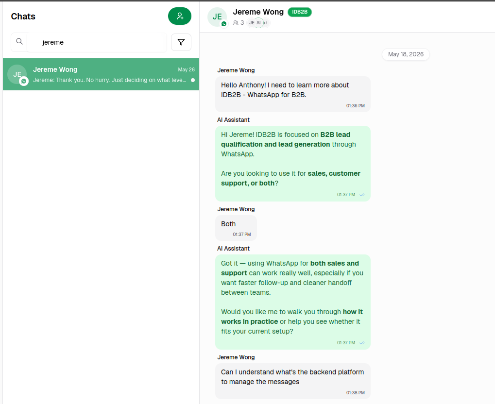 Real WhatsApp conversation where a ChatAgent AI assistant answers a customer's questions