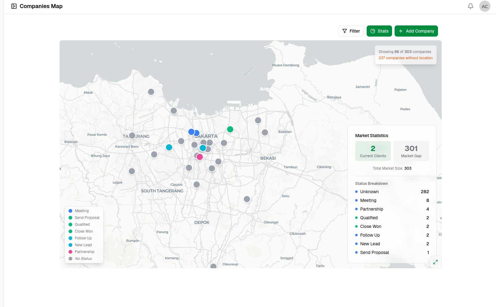Geo map showing customer locations plotted across regions