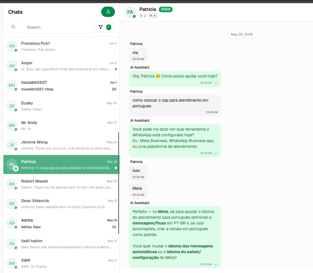 Real WhatsApp conversation handled by AI in Portuguese
